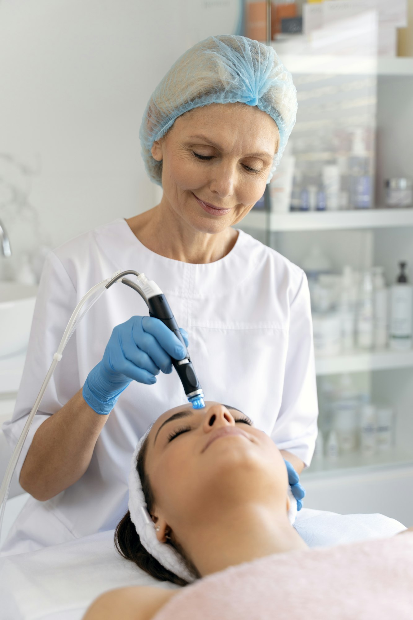 Professional female cosmetologist doing hydra-facial procedure in cosmetology clinic